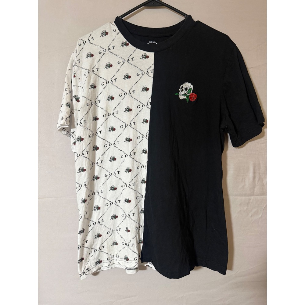 Eighty Eight Brand Mens Split Graphic T-Shirt Black White Skull Rose GOAT Large